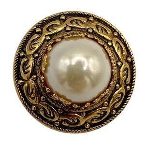 Vintage Bijoux ROSSI France Etruscan Faux Pearl Cabochon Brooch Gold Tone